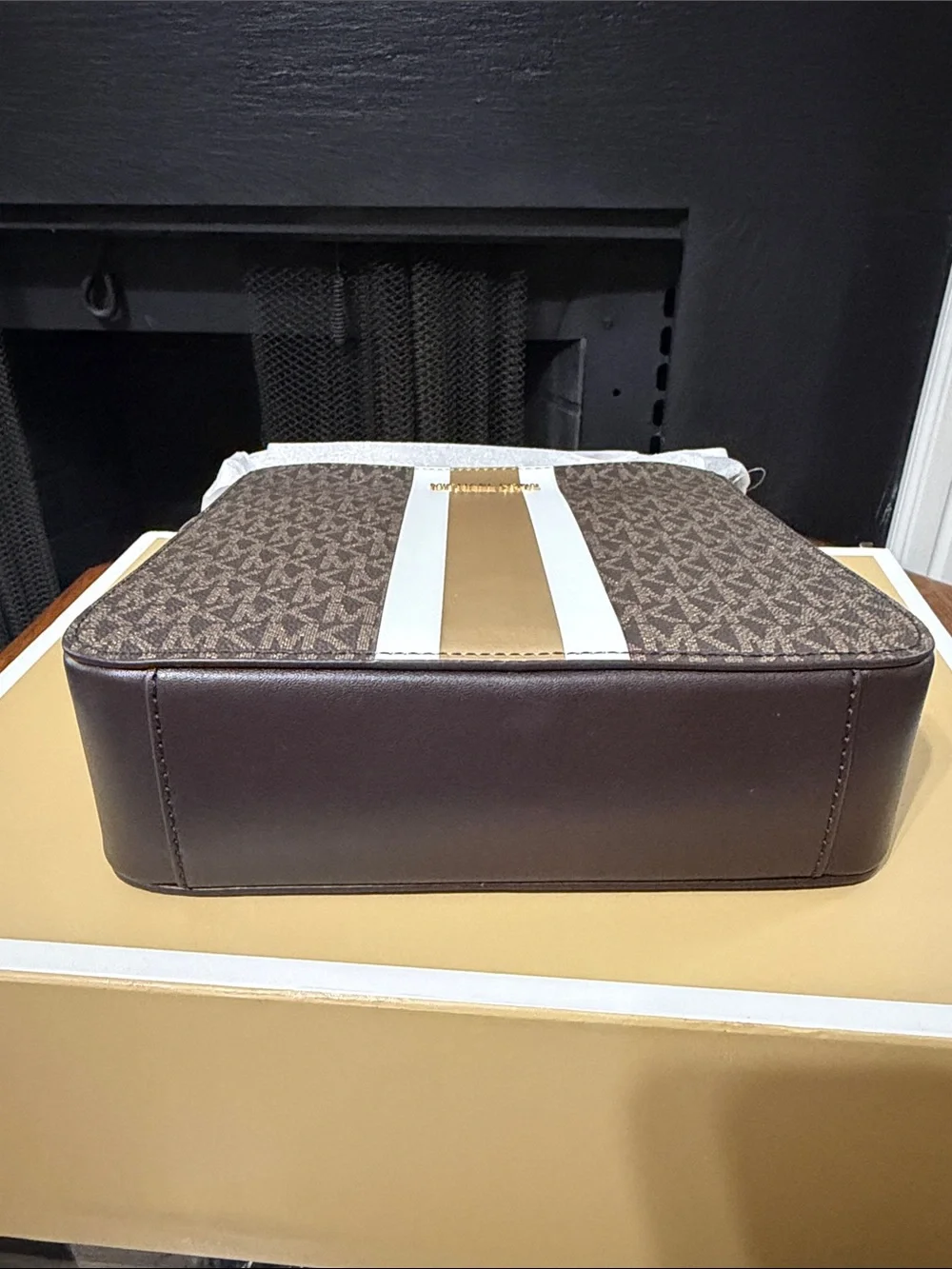 Michael Kors Brown Logo Messenger with White and Gold Stripe
